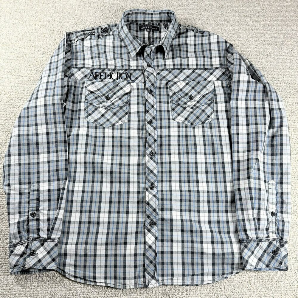 Affliction Black Premium Metal Button Down Shirt White Black Blue Men’s Size XL
